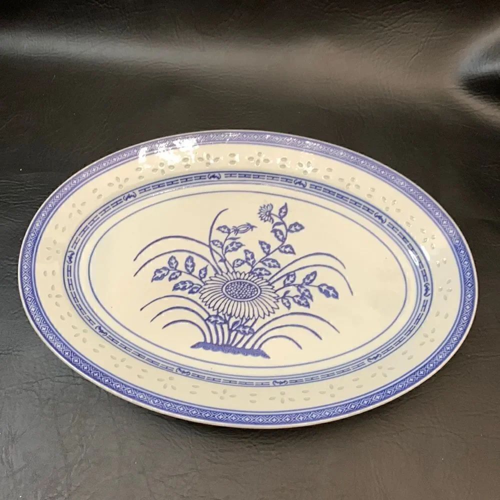 Floral Blue White Large Heavy Oval Cutouts Embossed Serving Tray 16 X 11 Inches